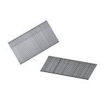 Two bundles of silver-colored, angled metal brad nails arranged parallel to each other on a white background.