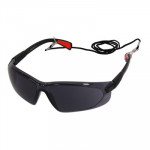 A pair of dark-tinted safety glasses with black frames, featuring an attached black neck strap with red accents near the earpieces.
