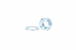 A close-up image of a silver hex nut and a flat metal washer on a white background.,