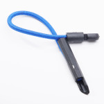A blue cable lock with a black plastic locking mechanism, shown on a white background. The cable is looped, and the lock is open, revealing the locking mechanism.