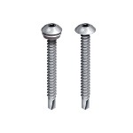 Two silver metal screws with hexagonal pan heads and threaded shafts, shown side by side on a white background. The screws have fluted drill tips at the ends, designed for self-drilling.