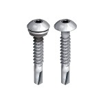Two metallic self-drilling screws with round heads and Phillips drives are shown upright side by side on a white background. One screw has an extra washer beneath its head.,