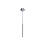 A silver hex head self-drilling screw with a washer, featuring a smooth upper shank and threaded lower portion, isolated on a white background.