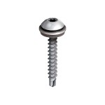 A close-up illustration of a silver, metal screw with a round, dome-shaped head and a threaded shaft ending in a pointed, self-drilling tip, isolated on a white background.