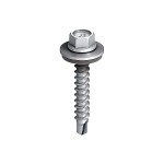 A silver hex-head self-drilling screw with a washer, featuring a threaded shaft and a pointed tip, isolated on a white background.