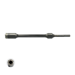 A metal SDS-max shank with a grooved cylindrical shaft and notched end, shown horizontally with a small inset image displaying the detailed end profile.