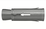 A metal tube-like device with a flared end and an arrow-shaped cutout along its side, as well as an engraved fish symbol. The tube has slits near both ends.