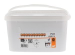 A clear plastic container with a white lid and handle, labeled P560 HSBR14. The label shows an image of orange fasteners, product details, a barcode, and icons, indicating it contains 1,000 pieces.