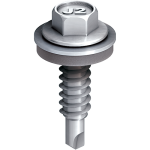 A close-up of a silver hex washer head self-drilling screw with a rubber washer and the marking J2 engraved on the hex head, shown against a plain white background.