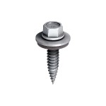 A close-up of a metallic hex-head self-tapping screw with a washer and a rubber gasket, isolated on a white background.