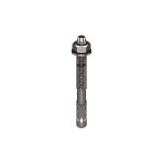 A metal through bolt anchor with a hex nut and washer, featuring a threaded shaft and expansion sleeve, designed for securing heavy loads to concrete or masonry surfaces.