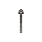 A metal through bolt anchor with a hex nut and washer, featuring a threaded shaft and expansion sleeve, designed for securing heavy loads to concrete or masonry surfaces.