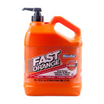 A large orange bottle of Fast Orange hand cleaner with a black pump, labeled as containing pumice and featuring MicroGel technology. The bottle holds 128 fl oz (1 gallon) and is designed for heavy-duty cleaning.