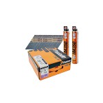Box of Paslode framing nails with two fuel cells and several strips of nails arranged on top of the box. The box and fuel cells are orange with Paslode branding.,