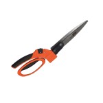 A pair of garden shears with bright orange and black handles and long silver blades, designed for trimming grass or hedges, isolated on a white background.