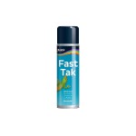 A can of Bostik Fast Tak spray glue with a blue label featuring a green gecko and multicolored stripes near the top of the can. The label reads Fast Tak, Spray Glue, Strong Bond, Easy to Use, Clear Finish, Permanent.