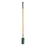 A long-handled shovel with a wooden shaft and a dark green, narrow metal blade, standing upright against a white background.