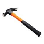 A claw hammer with a black head, an orange handle, and a black rubber grip, shown on a white background.