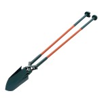 A green and orange post hole digger with two long handles and metal scoops used for digging holes in the ground.,