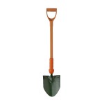 A garden shovel with a brown handle, orange grip, and dark green pointed metal blade, shown against a white background.