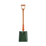 A straight-handled shovel with an orange grip and handle, and a flat, square green metal blade, photographed on a white background.