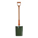 A garden shovel with a wooden handle, an orange grip, and a wide, rectangular green metal blade, standing upright against a white background.