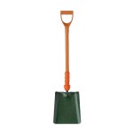 A shovel with an orange handle and a flat, wide green metal blade, shown upright against a white background.