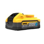 A yellow and black DeWalt PowerStack 18V 5Ah lithium-ion battery for power tools, showing branding and technical details on the side.