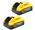 Two yellow and black DEWALT POWERSTACK 18V 5Ah lithium-ion batteries are shown side by side, angled slightly to the left on a white background.