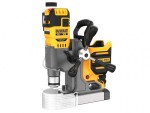 A yellow and black DeWalt cordless magnetic drill press with a silver base, black rotary handles, and a side-mounted battery pack.
