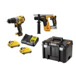A DeWalt power tool set including a cordless drill, a rotary hammer, two batteries, a battery charger, and a black carrying case with yellow accents, all displayed on a white background.