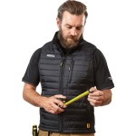 A black padded bodywarmer designed for use on construction sites and in industrial work environments.,