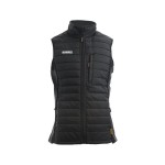 A black padded bodywarmer designed for use on construction sites and in industrial work environments.,