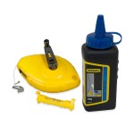A yellow chalk line reel, a blue and yellow bottle of chalk powder, and a yellow plumb bob are displayed on a white background as a carpenter’s marking set.