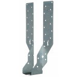 Two metal framing connectors with multiple holes for screws or nails, designed for joining wood at right angles in construction, are shown standing upright against a white background.