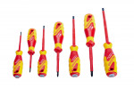 Seven insulated screwdrivers with red shafts and yellow-red handles, arranged in a row from smallest to largest, with various flathead and Phillips tips displayed on a white background.
