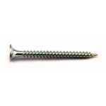 A bright zinc plated bugle head drywall screw with a bugle head and fine threads, designed for fixing plasterboard to timber or metal studwork.