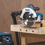 A teal and black Makita corded circular saw with a 110V motor, an adjustable bevel plate, and a blade guard, for ripping and cross-cutting timber.