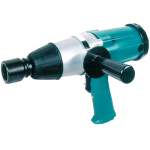 A teal and silver electric impact wrench with a black auxiliary handle, black nozzle, and trigger grip, positioned against a plain white background.