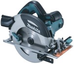 A teal and black Makita corded circular saw with a 110V motor, an adjustable bevel plate, and a blade guard, for ripping and cross-cutting timber.