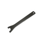 A flat, metal open-end wrench with a hole at one end for hanging, isolated on a white background.