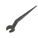 A scaffold spanner with a box-section ratcheting ring and a pointed podger bar handle, for assembling scaffold tube fittings.