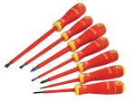 A set of 7 Bahco screwdrivers with colour-coded handles covering a range of flathead and Phillips sizes.,