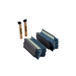 Two canisters of gas and several packs of collated framing nails are displayed on a white background. The canisters are upright, and the nails are arranged in neat stacks.