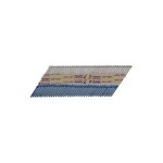 A strip of collated nails with paper tape holding them together at an angle, designed for use in a nail gun. The nail heads are lined up in a row, and the nails have blue tips.