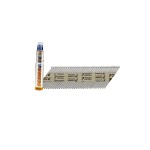 A gas fuel cell and a strip of collated nails are displayed on a white background. The fuel cell has a blue cap and orange SERIES label, while the nails are aligned diagonally with paper tape.