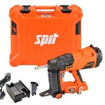 An orange and black Spit cordless nail gun with a magazine feed and safety tip, for driving nails quickly in timber framing and carpentry.