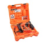 An orange and black Spit cordless nail gun with a magazine feed and safety tip, for driving nails quickly in timber framing and carpentry.