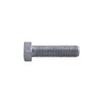 A close-up view of a single metal hex bolt with threaded shaft, lying horizontally on a white background.