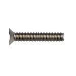 An A2 stainless steel M5 countersunk head machine screw with a fully threaded shaft, used for joining metal components with a nut.